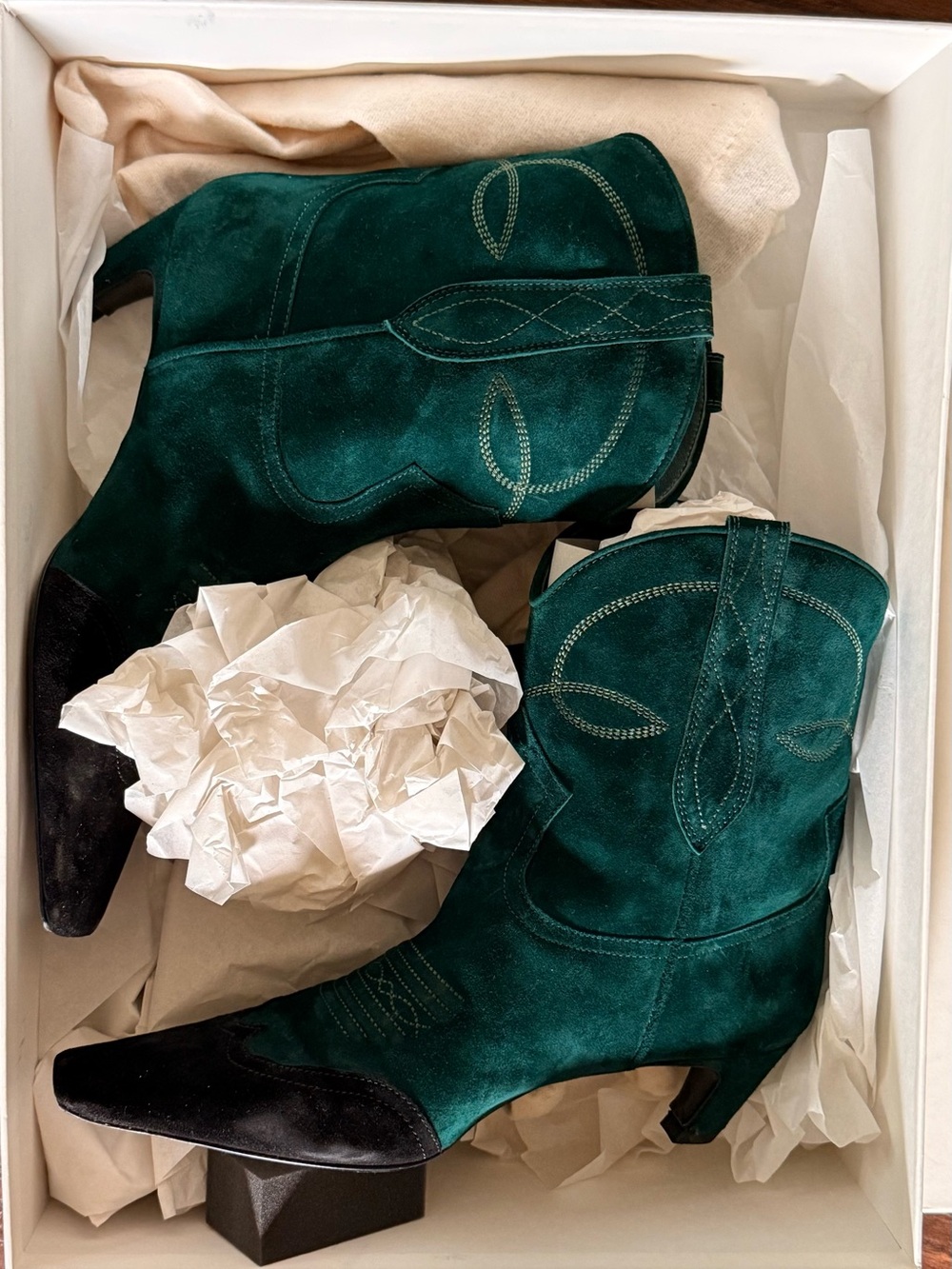 KHAITE Emerald Green Suede Western Ankle Boots with Black Toe - Picture 2 of 4